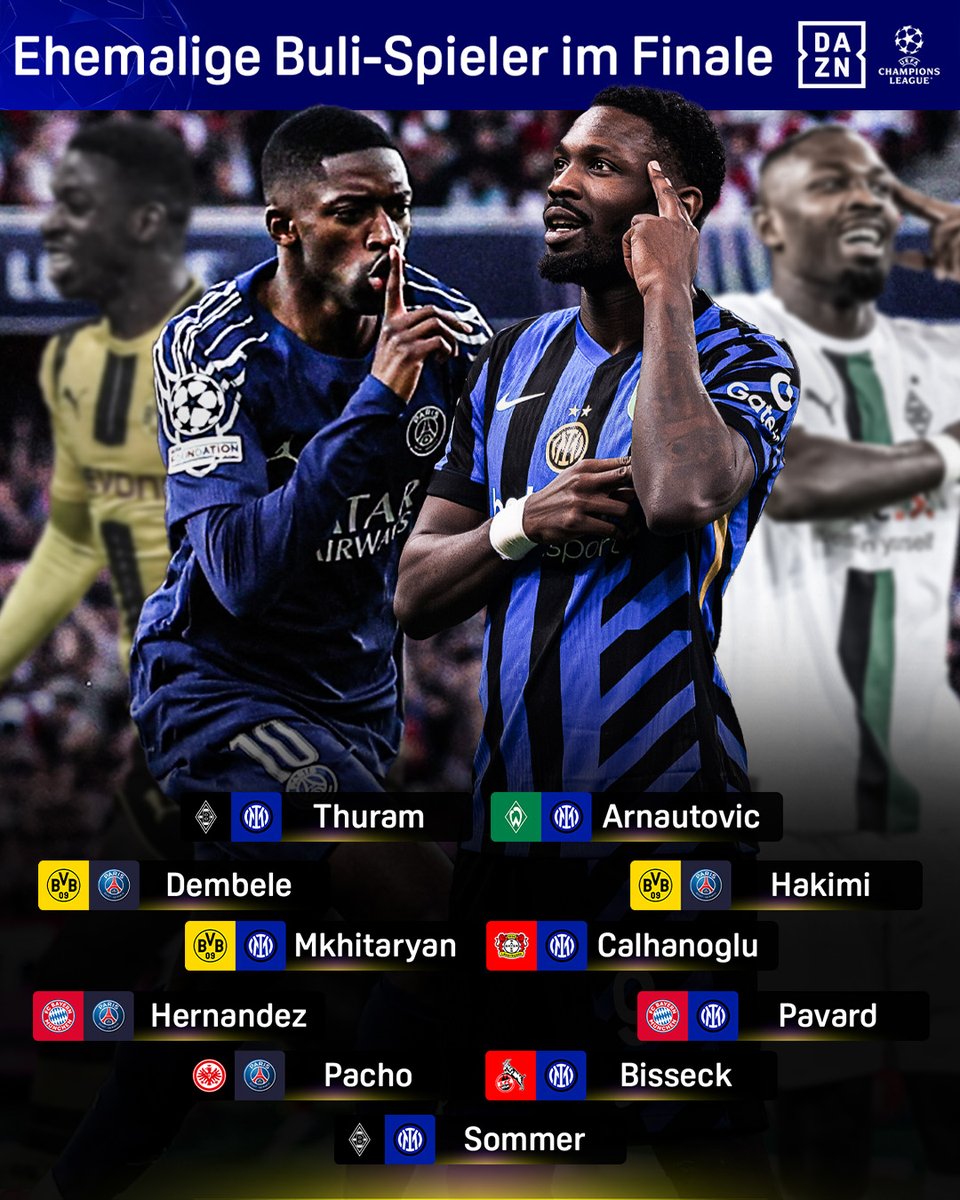 Viele bekannte Gesichter 😍 Und nicht die schlechteste Elf, oder?

PSG 🆚 Inter
🗓️ Samstag, 31. Mai
⏰ Übertragung ab 19:30 Uhr
📺 Live auf DAZN in Deutschland
📱 #UCL #PSGINT