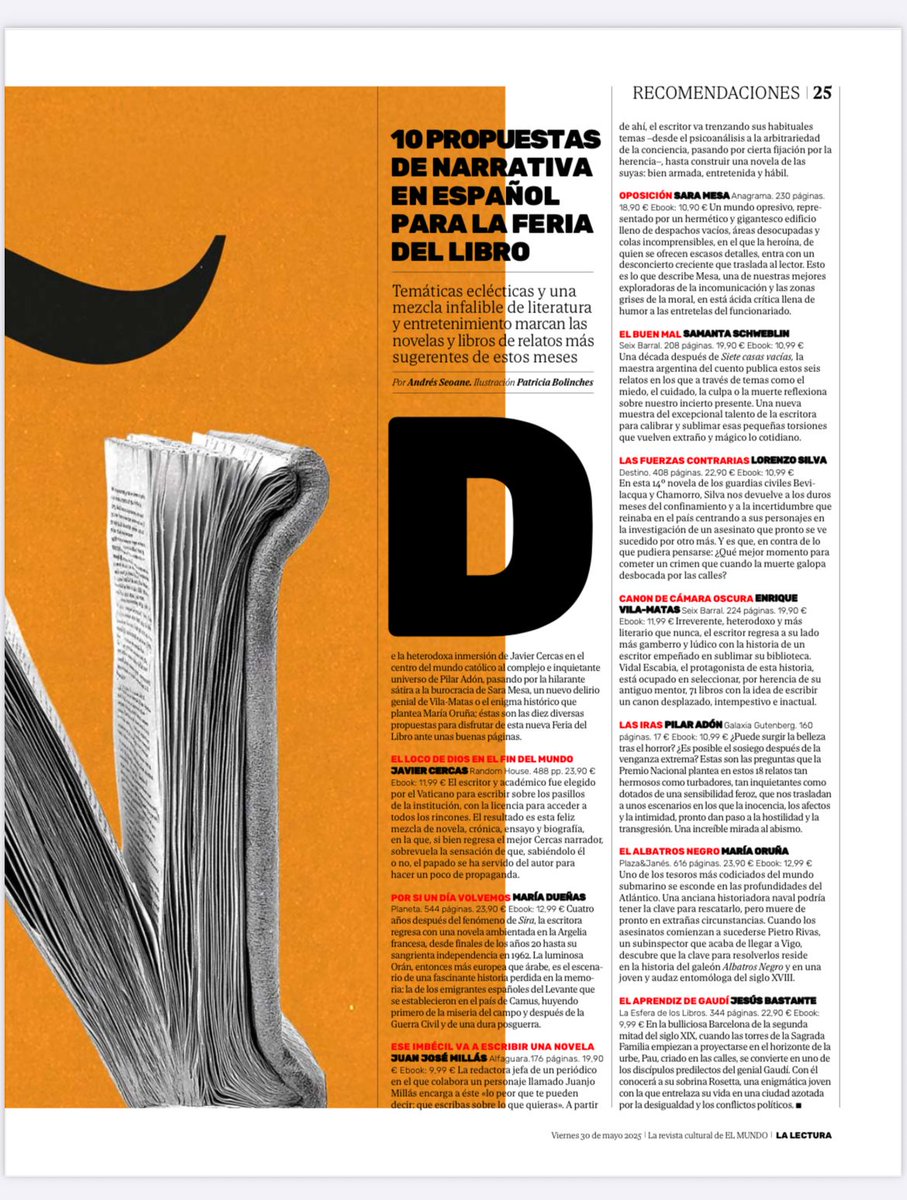Muy feliz de compartir espacio en <a href="/LaLectura_EM/">La Lectura</a> con monstruos como <a href="/JuanJoseMillas/">Juan José Millás</a> <a href="/vilamatas_blog/">Enrique Vila-Matas Blog</a> <a href="/MDuenasOficial/">María Dueñas Oficial</a> <a href="/VilaSilva/">Lorenzo Silva</a> (aúpa Getafe) <a href="/sschweblin/">Samanta Schweblin</a> <a href="/maria_oruna/">María Oruña</a>  y más como #novelas para <a href="/FLMadrid/">Feria del Libro de Madrid</a> #enotraliga  #elaprendizdegaudi <a href="/esferalibros/">La Esfera de los Libros</a> elmundo.es/la-lectura/202…