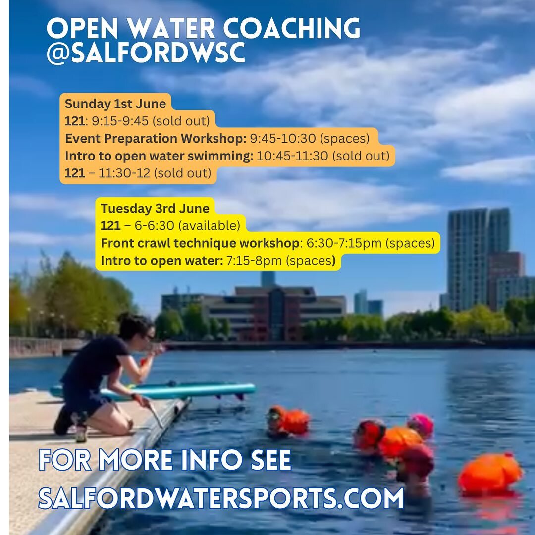 Are you getting ready for an event? June is when the open water events Calendar starts to get going.  This week’s specialised workshops lineup at @salfordwsc is designed to help you get you event-ready!

Our regular weekly sessions (121s/221s and intro to open water: are joined…