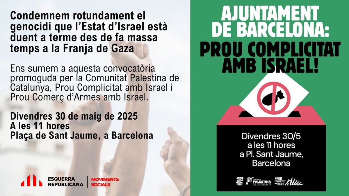 ❌ Prou complicitat amb Israel, no al comerç d'armes, prou genocidi!

👥 Avui diem prou des de Barcelona!