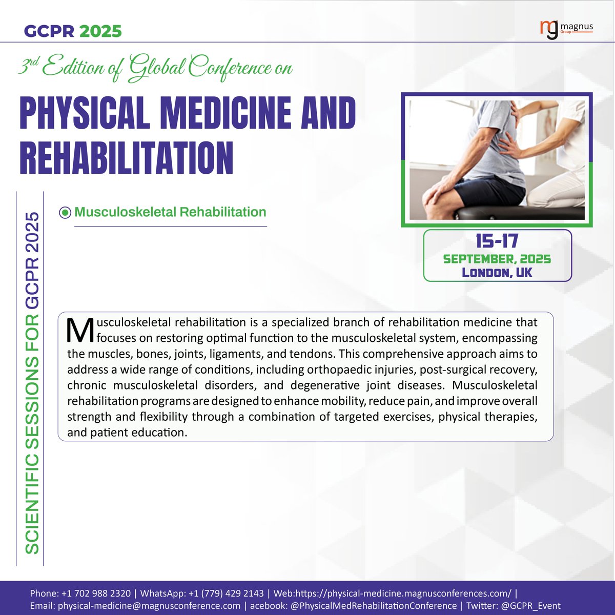 Physical Medicine And Rehabiliation (@gcpr_event) on Twitter photo Don’t miss out! Join <a href="/GCPR_Event/">Physical Medicine And Rehabiliation</a> by <a href="/magnus_group/">Magnus Group</a> 🌍 Connect with experts, explore advances in #MusculoskeletalRehab, and share your research globally. 📢 Submit abstracts today: …ysical-medicine.magnusconferences.com/submit-abstract
📅Sep 15-17, 2025, 🇬🇧London, UK #PhysicalMedicine Don’t miss out! Join <a href="/GCPR_Event/">Physical Medicine And Rehabiliation</a> by <a href="/magnus_group/">Magnus Group</a> 🌍 Connect with experts, explore advances in #MusculoskeletalRehab, and share your research globally. 📢 Submit abstracts today: …ysical-medicine.magnusconferences.com/submit-abstract
📅Sep 15-17, 2025, 🇬🇧London, UK #PhysicalMedicine