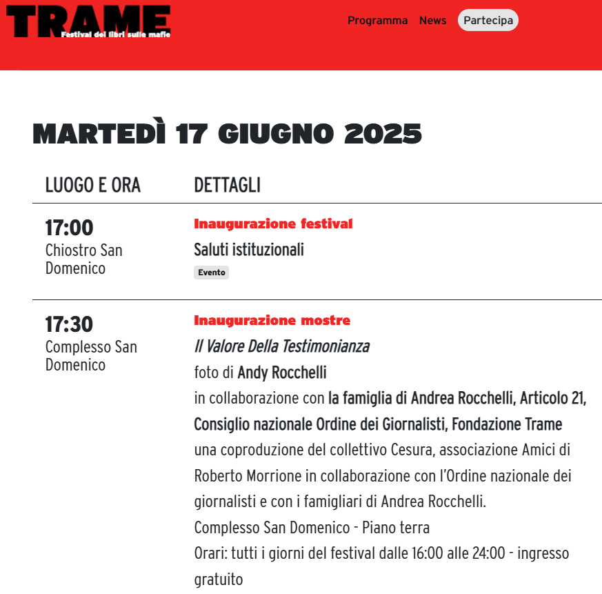 Il Valore Della Testimonianza - foto di Andy Rocchelli
Lamezia Terme, Complesso San Domenico - Piano terra
Orari: tutti i giorni del festival, dal 17 al 22 giugno, dalle 16:00 alle 24:00 - ingresso gratuito
tramefestival.it/trame.14/marte…