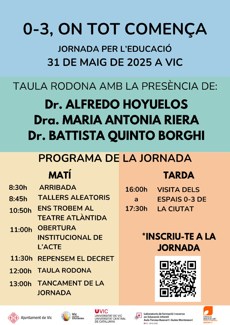 Agenda 📝| 0-3, On Tot Comença: Jornada per l'educació

📅 31.05
🕓 8:30 h - 17.30 h
📍 Edifici Torre dels Frares de la UVic-UCC

👉 Més informació: uvic.cat/agenda/0-3-on-…