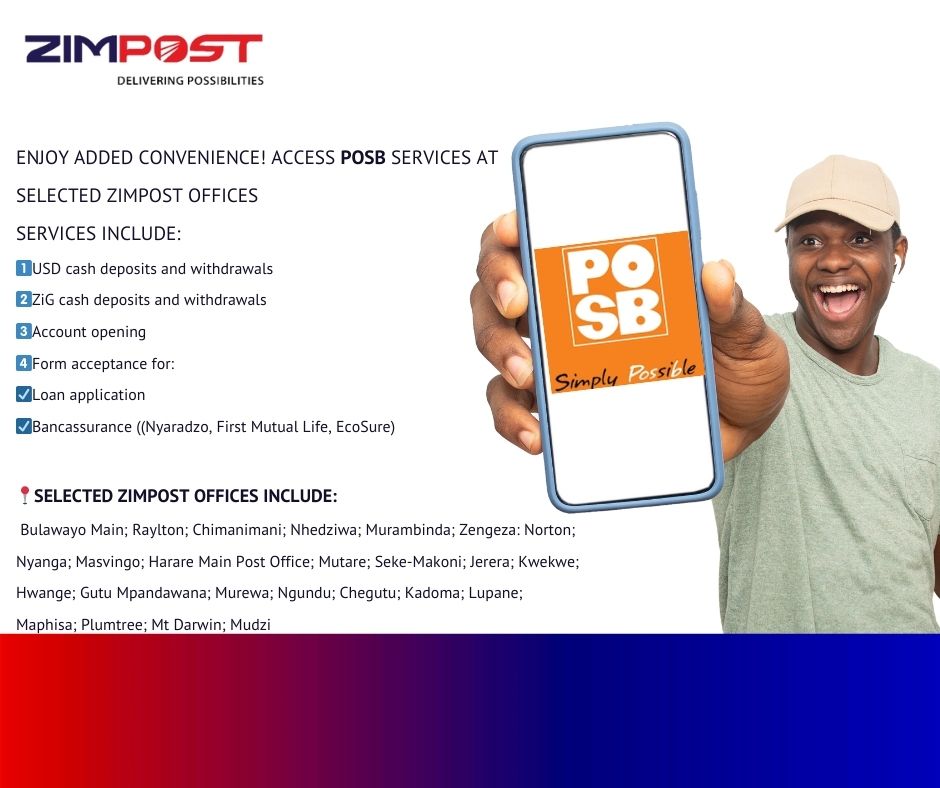 Banking for all!

Our partnership with POSB brings agency banking services to selected Post Offices, making banking more accessible to everyone!

- No account? No problem! Open one today!
- Existing customer? Enjoy convenience

#BankingForAll
#Zimpost@135Years