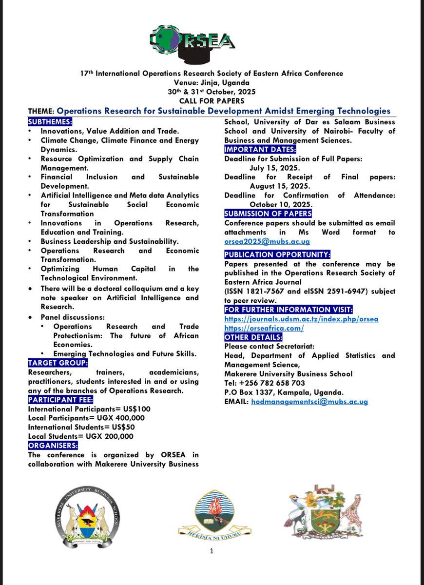 MUBS Publications Unit (@mubs_unit) on Twitter photo <a href="/OfficialMubs/">Makerere University Business School</a> Applied Statistics and Management science department head Assoc Prof <a href="/susanwatundu/">Watundu Susan (Ph.D)</a> invites papers for the 17th International Operations Research Society of Eastern Africa conference scheduled to take place on October 30&31, 2025 <a href="/OfficialMubs/">Makerere University Business School</a> Applied Statistics and Management science department head Assoc Prof <a href="/susanwatundu/">Watundu Susan (Ph.D)</a> invites papers for the 17th International Operations Research Society of Eastern Africa conference scheduled to take place on October 30&31, 2025