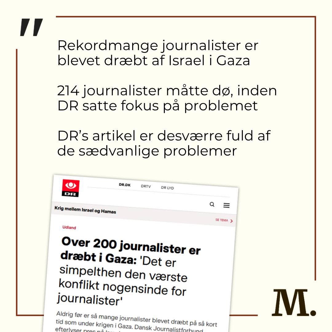 mediekritisk_n's tweet image. Efter halvandet års drab, angreb og trusler mod journalister i Gaza sætter DR endelig fokus på problemet. Mediekritisk Netværk byder DR’s opvågnen velkommen, men er samtidig chokeret over artiklens skæve prioriteringer og centrale udeladelser.
F.eks. består en fjerdedel af…