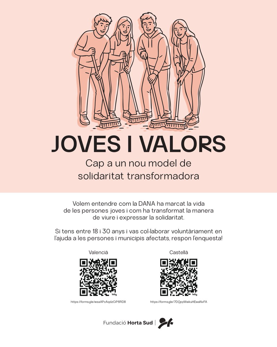 Bon dia! ☀️ Recordeu que tenim oberta una enquesta dirigida a persones joves que van col•laborar com a voluntàries en els municipis afectats per la DANA.

▪️ forms.gle/wsaAPcAqdzCiP6… (valencià)
▪️ forms.gle/7DQpyMwkuHEwaN… (castellà)