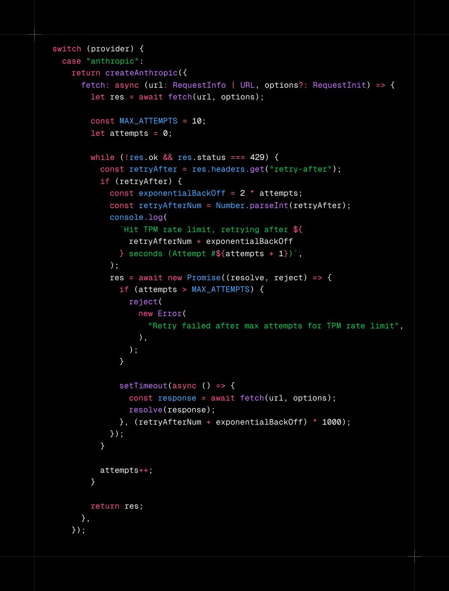 how are y'all dealing with <a href="/AnthropicAI/">Anthropic</a> TPM limits? This is our really sad workaround for now (with AI SDK)