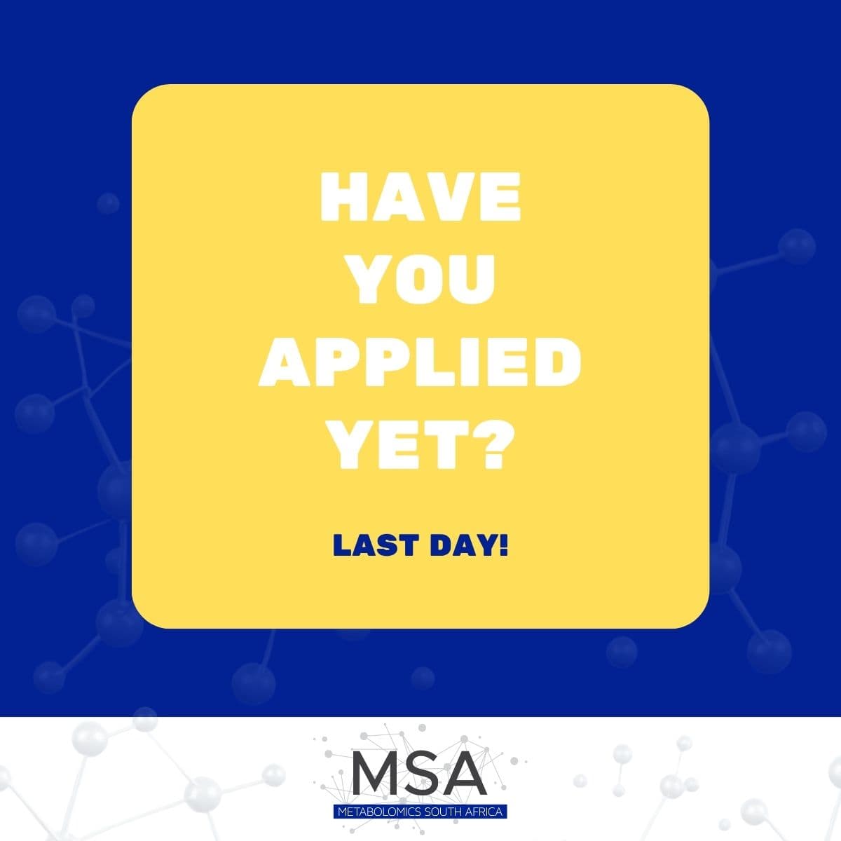 One last chance to join us for the year 2025!

Apply before it's too late: forms.gle/ejqwaBDUmwNa58…

Deadline: 30 May 2025

#JoinMSAECteam #metabolomicsinAfrica #ECR #earlycareer #metabolomics