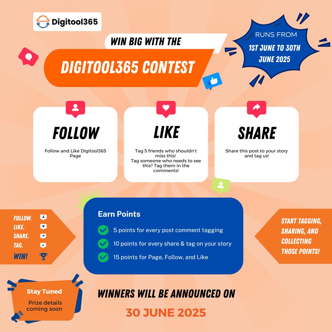 aim2c_official's tweet image. 🎁 Giveaway Alert! 🎯
Follow, Like, Tag &amp;amp; WIN with #Digitool365!
✅ Follow us
✅ Tag 5 friends
✅ Share this post &amp;amp; tag us in your story!

🏆 Contest: June 1–30
🎉 Winners - June 30

👉 Don’t miss it!
#Giveaway2025 #FollowAndWin #ContestAlert
