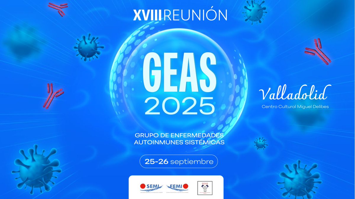 Sociedad Española de Medicina Interna (SEMI) (@sociedad_semi) on Twitter photo 🗓️ La XVIII Reunión del Grupo de Enfermedades Autoinmunes Sistémicas (<a href="/gtgeassemi/">GT GEAS-SEMI</a>) tendrá lugar el 25 y 26 de septiembre en #Valladolid🏥🩺
‼️ATENCIÓN‼️ Se encuentra abierto hasta el 10 de julio (23:59 hora peninsular) el plazo para enviar casos clínicos y trabajos de 🗓️ La XVIII Reunión del Grupo de Enfermedades Autoinmunes Sistémicas (<a href="/gtgeassemi/">GT GEAS-SEMI</a>) tendrá lugar el 25 y 26 de septiembre en #Valladolid🏥🩺
‼️ATENCIÓN‼️ Se encuentra abierto hasta el 10 de julio (23:59 hora peninsular) el plazo para enviar casos clínicos y trabajos de