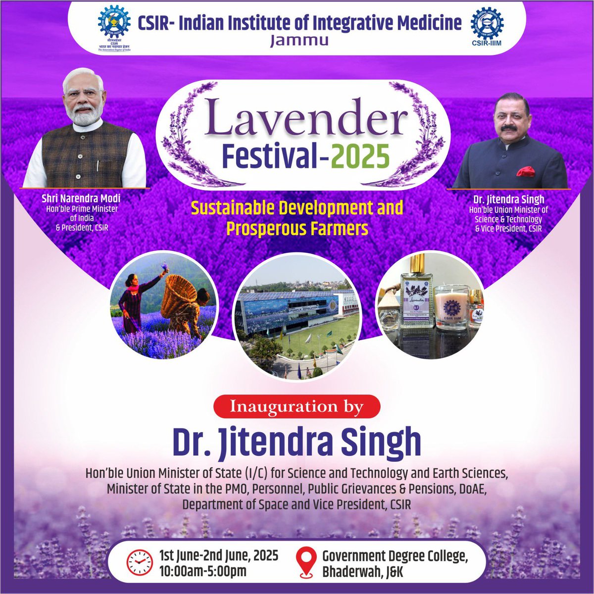 CSIR-IIIM (@csiriiim) on Twitter photo Get ready for the scent of success!
The 3rdšŖ»#LavenderFestival blooms in Bhaderwah, J&K on June 1ā2, 2025!
Inauguration by Honāble Union Minister <a href="/DrJitendraSingh/">Dr Jitendra Singh</a> ji
Celebrate India's #PurpleRevolution with farmers, startups & innovators!
#CSIRIIIM #AromaMission Get ready for the scent of success!
The 3rdšŖ»#LavenderFestival blooms in Bhaderwah, J&K on June 1ā2, 2025!
Inauguration by Honāble Union Minister <a href="/DrJitendraSingh/">Dr Jitendra Singh</a> ji
Celebrate India's #PurpleRevolution with farmers, startups & innovators!
#CSIRIIIM #AromaMission