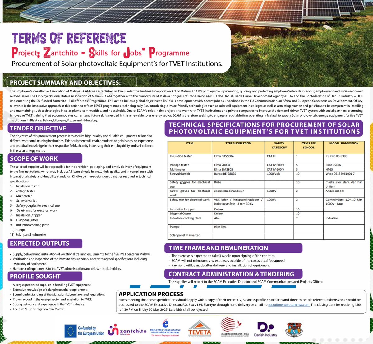 Procurement of Solar Photovoltaic Equipment for TVET Institutions. 

#EUZatchitoProgramme