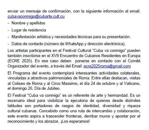 Il Festival Culturale "#Cuba 🇨🇺 va conmigo" è un riferimento di arte e fratellanza. Uno scenario ideale per coloro che, da qualsiasi latitudine, difendono la nostra ricchezza e identità culturale. 

Quest'anno si celebrerà a Roma 🇮🇹,  24-26/10

Non perdetelo!