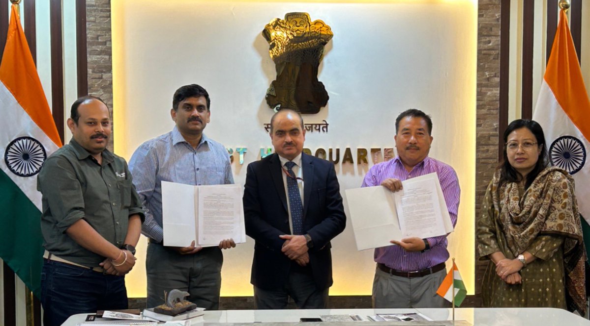 wti_org_india's tweet photo. WTI signed an MoU with @ManipurForest on May 29 to collaborate on conservation efforts. The agreement was signed by Mr. Jose Louies, CEO, WTI, and Mr. Anurag Bajpai, PCCF &amp; HoFF, in the presence of Smt. Thaiba, CCF/T-II, Mr. L. Joy Kr Singh, CCF Wildlife &amp; Mr. Th. Autumn, DFO https://t.co/56Z673kXD5