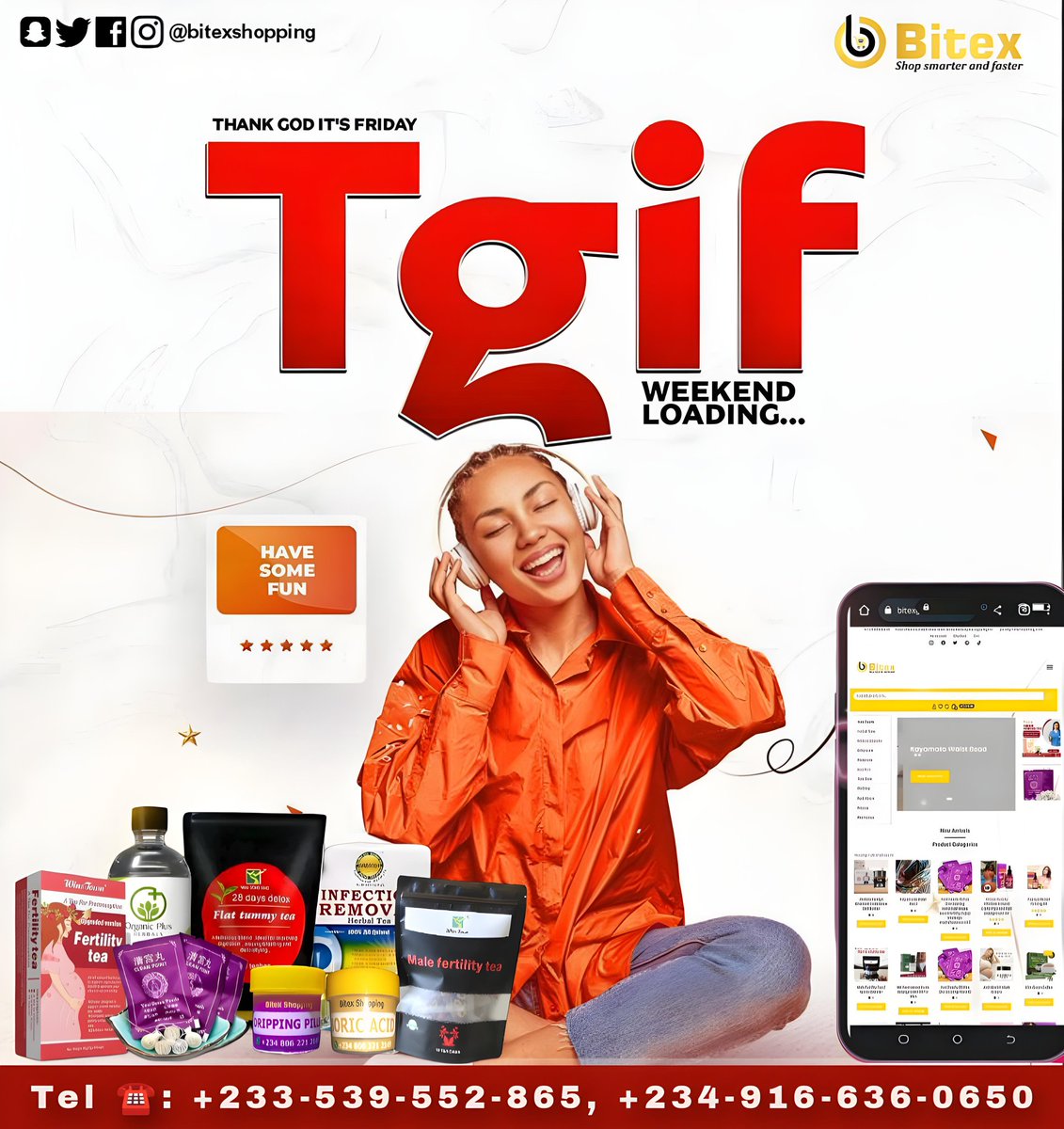 bitexshopping's tweet photo. 🎉 TGIF – Thank God It’s Friday! 🎉
it's Another fabulous Friday!!! So hurry up and Shop this weekend with Bitex Shopping 🌟 

🌐 Start Shopping Now!
🛒 Visit: https://t.co/dUxld61R2L

✨ Enjoy Your Weekend! ✨

#TGIF #WeekendVibes  #BestDealsOnline #HappyWeekend https://t.co/ocOmruBlc1