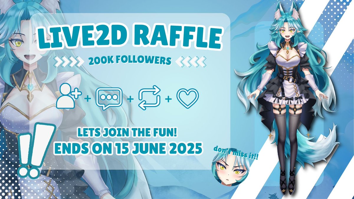 🎉 200 Followers Special – Live2D Raffle! 🎉
Time to celebrate with a raffle, of course!
Wanna win your very own VTuber model design and kickstart your VTuber journey in style?
Now’s your chance! 🌟

How to join the fun:
✅ Follow me (you’re already here, might as well!)
✅ Like