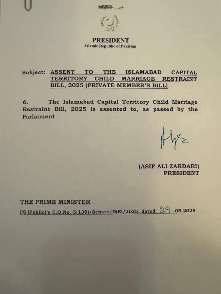 President Asif Ali Zardari has signed the bill prohibiting marriage under the age of 18, after which the bill has become law.

A Nikah registrar will not solemnize any marriage in which one or both parties are under 18 years of age. Violation of this law can result in one year of