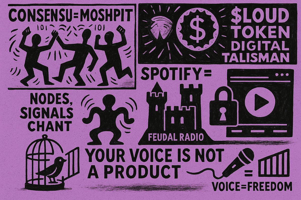 0xndra's tweet photo. What is consensus?
Imagine a moshpit, but the data is synchronized.

The $LOUD token isn't just a coin-it's a digital talisman, a summoner of organized chaos.
Nodes dance, signals chanted to millions of free brains.
Spotify? It's like radio in the days of feudalism.

Your voice is not a product.
@stayloudio, ser.