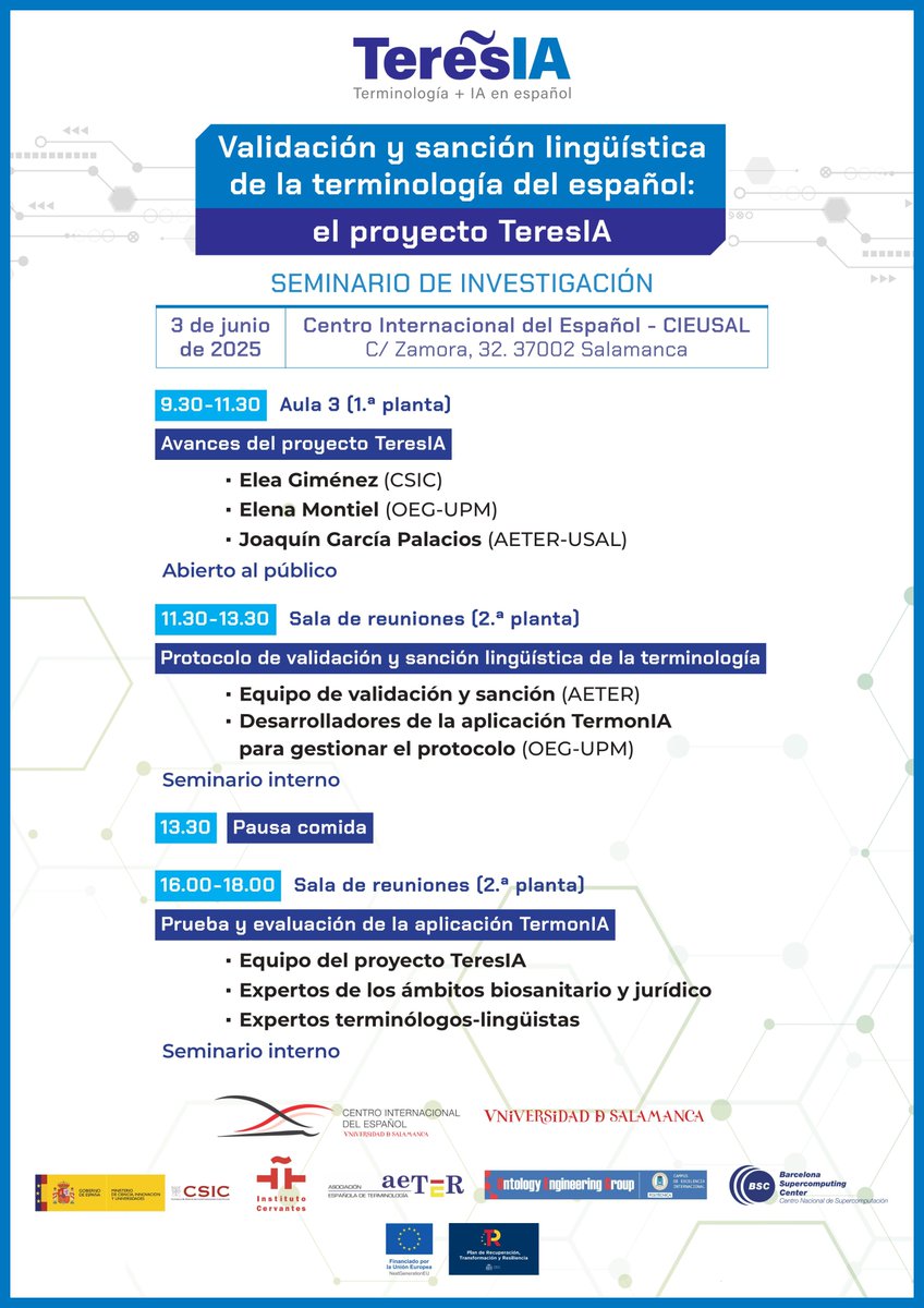 Centro Internacional del Español (CIE-USAL) (@cieusales) on Twitter photo 📢 Nuevo seminario en el CIE-USAL:
"Validación y sanción lingüística de la terminología del español: el proyecto TERESIA"
🗓️ 3 de junio
🕐 09:30h
📍 CIE-USAL
🔗 Más info: cie.usal.es/seminario-de-i…
<a href="/ProyectoTeresia/">Proyecto TeresIA</a> 📢 Nuevo seminario en el CIE-USAL:
"Validación y sanción lingüística de la terminología del español: el proyecto TERESIA"
🗓️ 3 de junio
🕐 09:30h
📍 CIE-USAL
🔗 Más info: cie.usal.es/seminario-de-i…
<a href="/ProyectoTeresia/">Proyecto TeresIA</a>