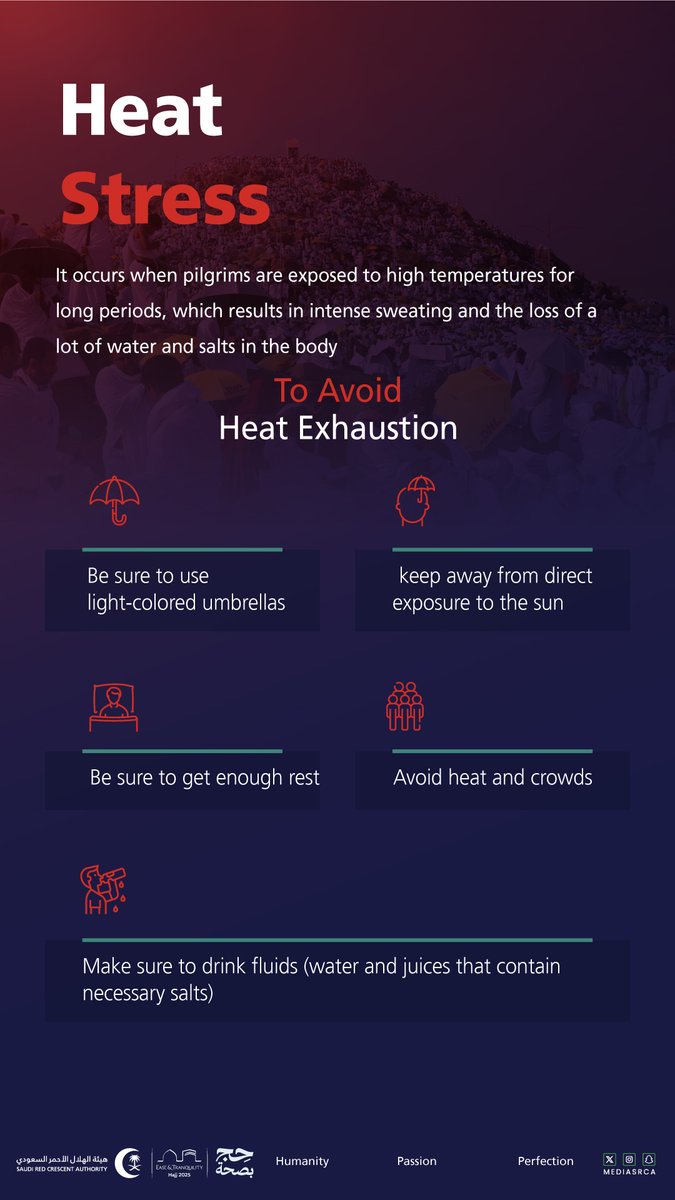 Dear Pilgrim,
Your safety is our priority. Please adhere to health guidelines and awareness tips for a safe and healthy Hajj.
In case of a medical emergency, call 997 or use the Asefni app

#SRCA 
#Ease_And_Tranquility 
#hajj2025
