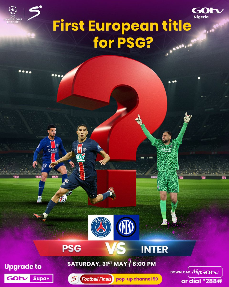 The Champions League Final is here! 🏆
 
Who will be crowned the ultimate kings 👑of Europe? 

Catch the thrilling match live on GOtv Pop Channel 59, exclusively on Supa+ Upgrade! GOtv, Love It. 

#GOtv #UCLFinal #football