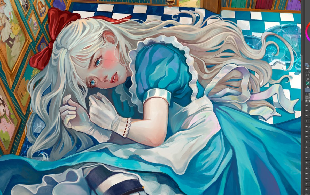 A fragment of the third illustration for the book "Alice in Wonderland"🩷
the moment when Alice, confused by the injustice, almost flooded the whole Wonderland with her tears. It is also her first encounter with a White Rabbit, which can be seen in the full illustration.