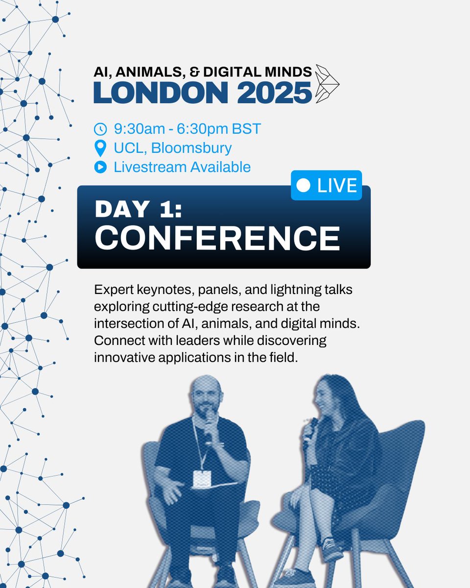 sentfutures's tweet image. ๐ด LIVE NOW: Day 1 of #AIADM25!
Join us for expert keynotes, panels, and lightning talks exploring the intersection of AI, animals, and digital minds. World-class speakers are presenting cutting-edge research at UCL.
Tune in from 9:30am - 6:30pm BST.
๐บ To watch the liveโฆ