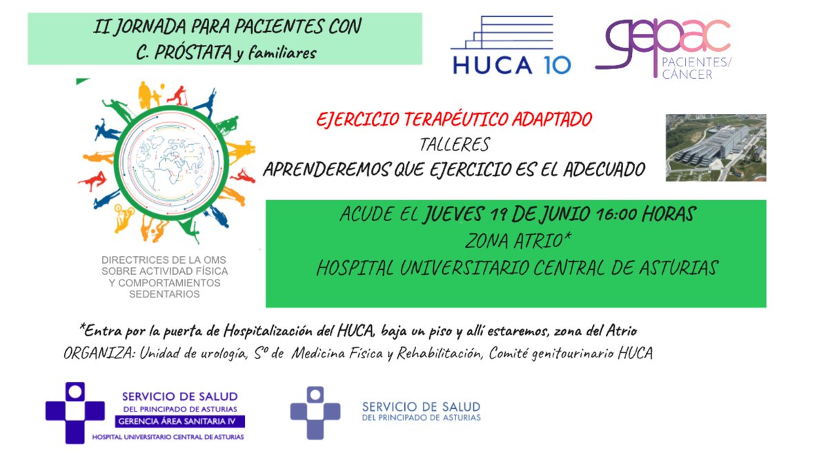 𝙄𝙄 𝙅𝙤𝙧𝙣𝙖𝙙𝙖 𝙥𝙖𝙧𝙖 𝙥𝙖𝙘𝙞𝙚𝙣𝙩𝙚𝙨 𝙘𝙤𝙣 𝙘á𝙣𝙘𝙚𝙧 𝙙𝙚 𝙥𝙧ó𝙨𝙩𝙖𝙩𝙖 𝙮 𝙛𝙖𝙢𝙞𝙡𝙞𝙖𝙧𝙚𝙨
➡️Talleres para aprender qué ejercicios son adecuados
📌Zona del Atrio <a href="/HUCA_Asturias/">@HUCA</a> 
📆 19 de junio ⏰16:00 horas
