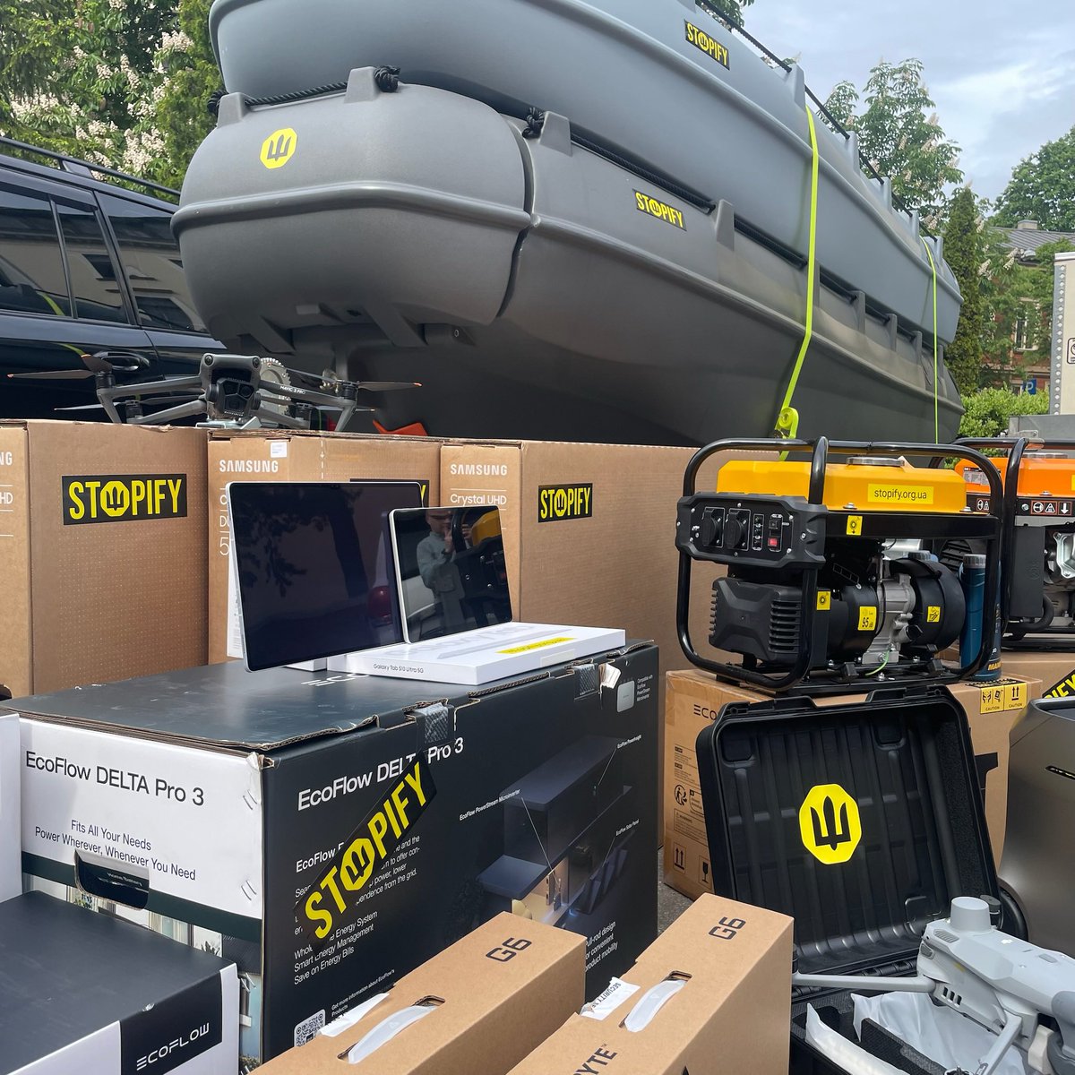 Our latest shipment includes a Toyota Land Cruiser SUV, two boats with powerful Mercury engines and a trailer, DJI Mavic 4T and Mavic 3 Pro drones, EcoFlow charging stations, two inverter generators, and two laptops with three TV screens for command centers, as well as a tablet.
