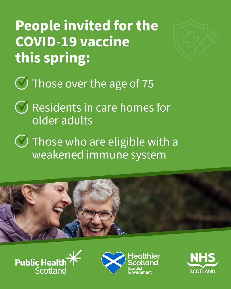 Look out for your COVID-19 vaccination invite arriving by post, email or text. 

For more information, or to book or reschedule your appointment visit nhsinform.scot/covid19vaccine  

#SpringTopUp