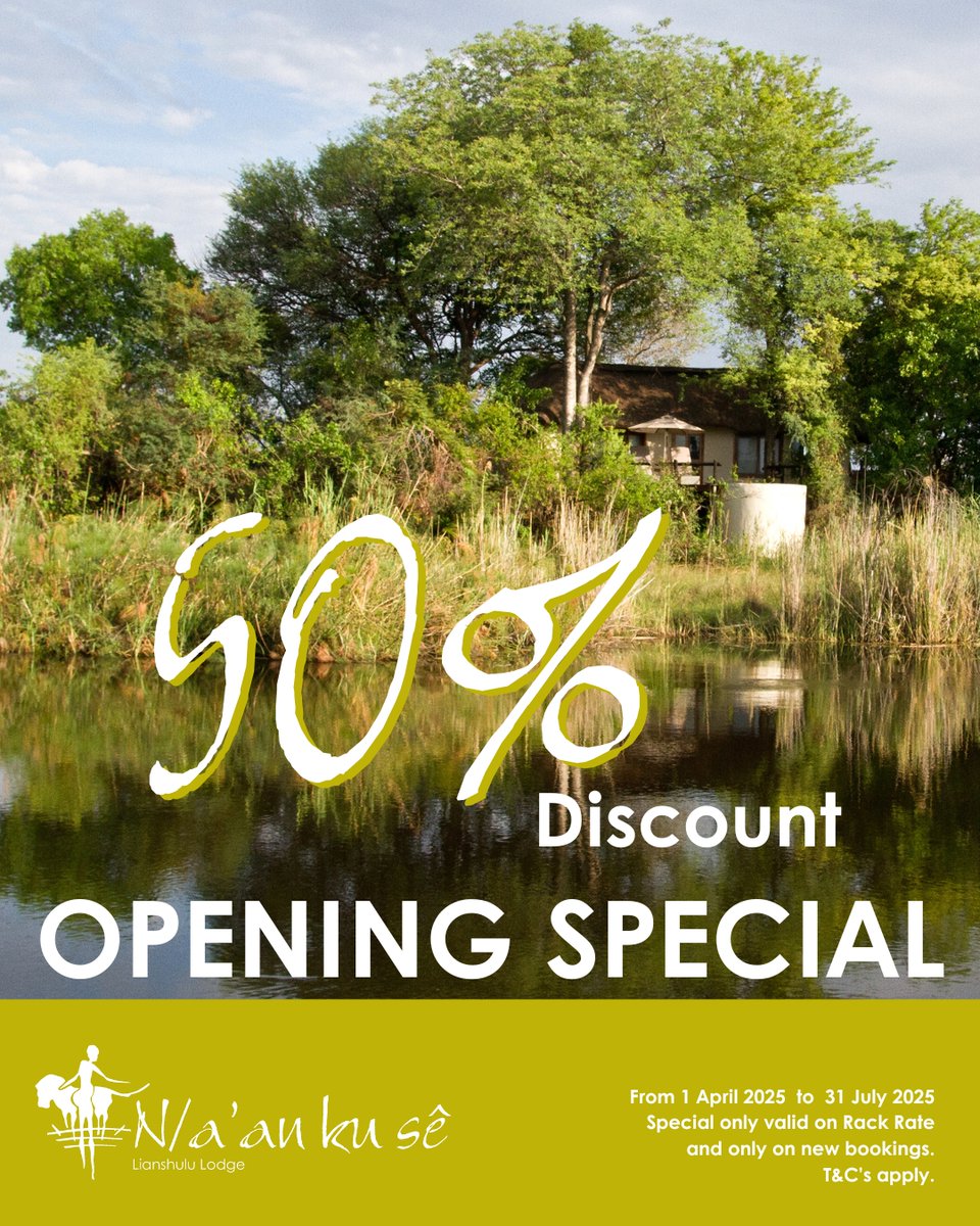 Did you know the Lianshulu Special is still on?
Enjoy a 50% discount on all new bookings!
Don’t miss out on experiencing the magic and beauty of the Kwando River.
Offer valid until the end of July 2025 – book your adventure now! #Lianshulu #openingspecial