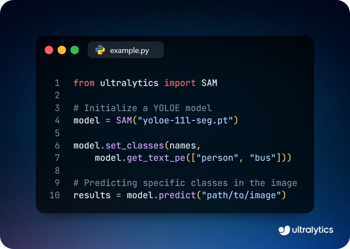 ultralytics's tweet image. Use text prompts with YOLOE for focused detection! 🧠

Just type what you want to detect—like “person” or “bus”—and YOLOE locks onto it. No extra filtering, no code changes.

Try it out ➡️ ow.ly/FTeV50VBthw

#YOLOE #TextPrompts #ObjectDetection #ComputerVision