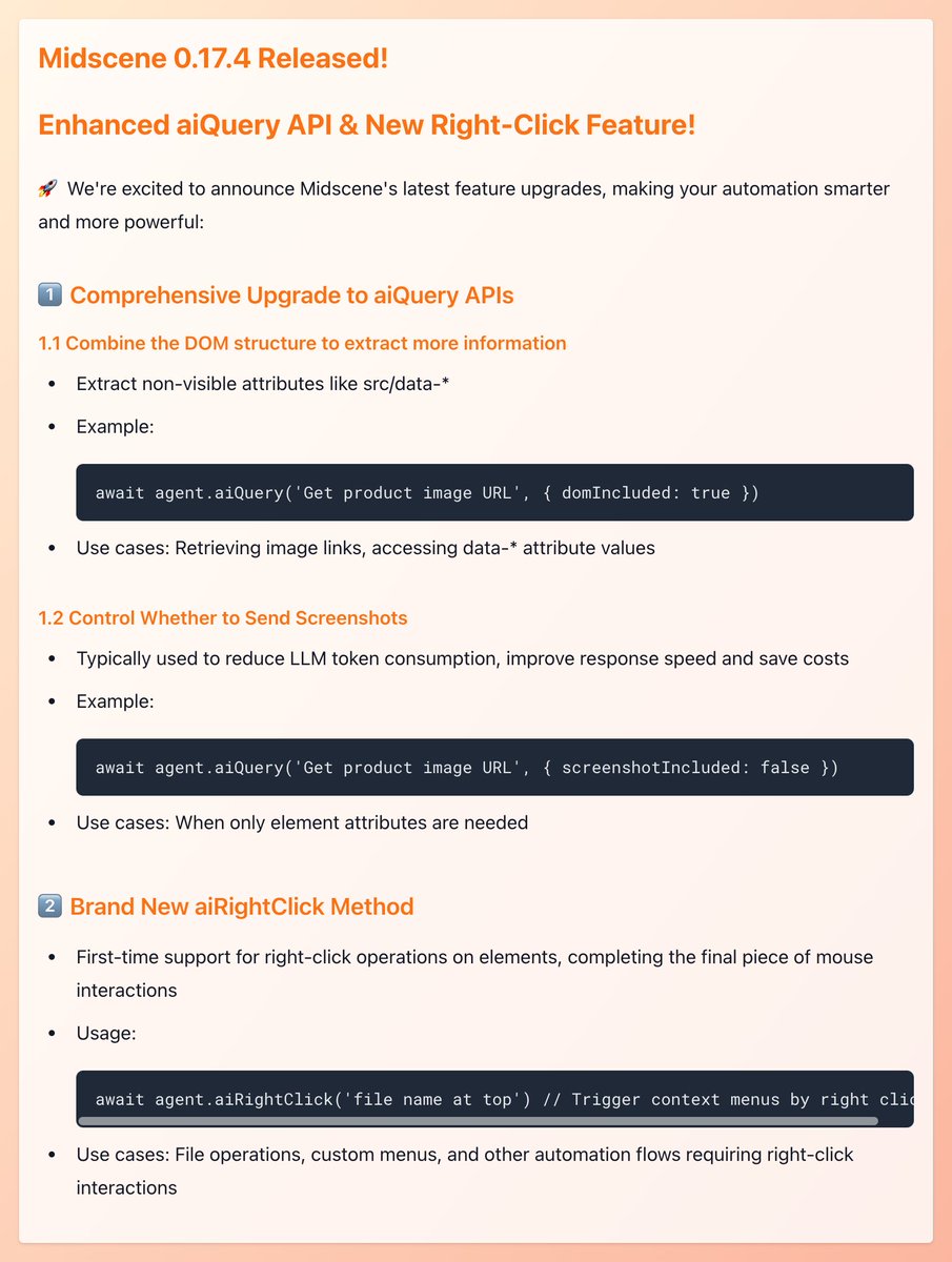 midscene_ai's tweet photo. 🎉 Midscene 0.17.4 Released!
1. Enhanced aiQuery API
2. New Right-Click Feature

#Midscenejs #AI #Automation #Playwright #Puppeteer #BrowserUse #VibeCoding #AIAutomation https://t.co/0C3BGAbcmV