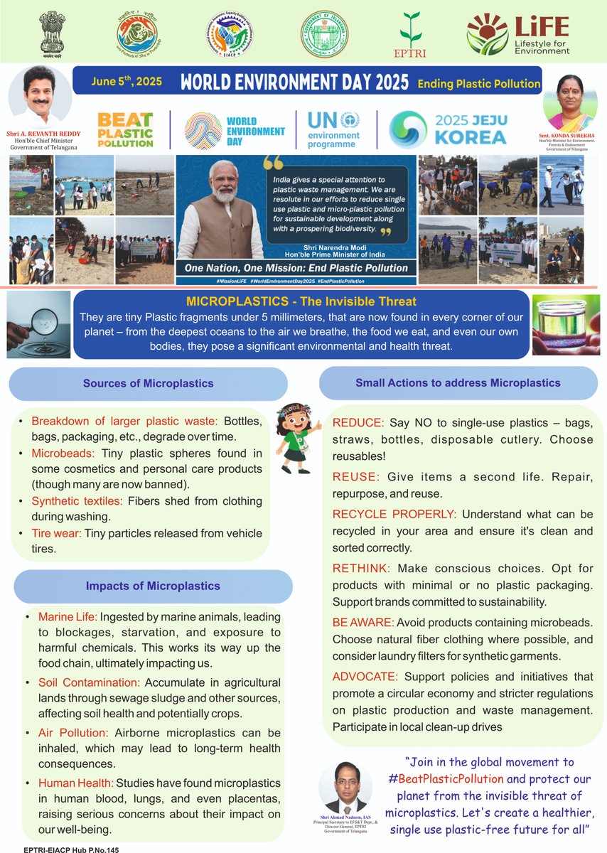 Greetings from EPTRI EIACP PC hub!
on the occasion of World Environment Day 2025, EIACP has prepared a knowledge product on Microplastics with the theme invisible threats to environment and health
#MoEFCC #microplastics #EIACP #MissionLiFE #chooselifee #worldenvironmentday2025