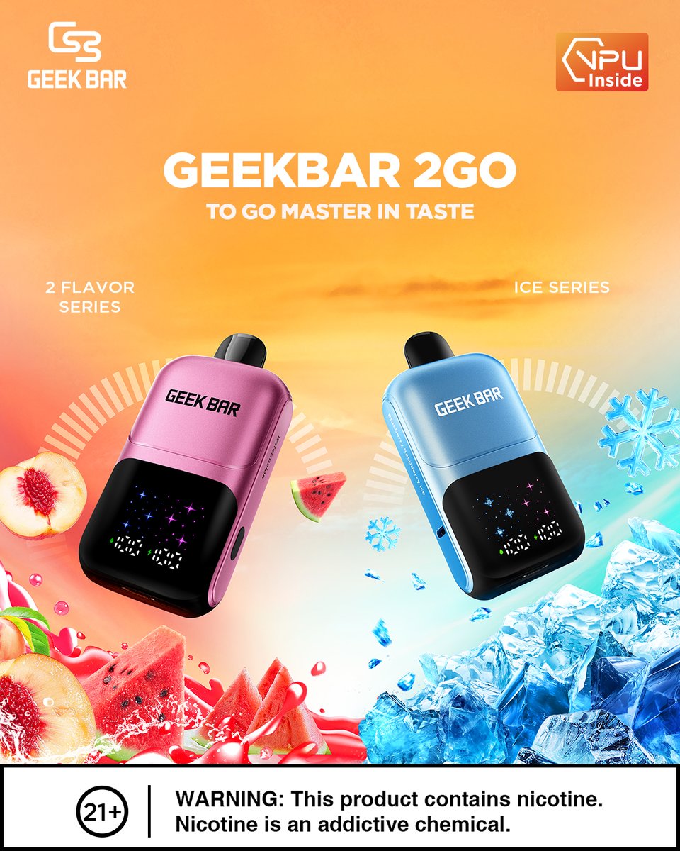 GEEKBAR 2GO  Ready when you are. From the first puff to the last, this  pocket-friendly powerhouse delivers flavor that follows your mood.  2  Flavor Series  Fruity vibes, bursting