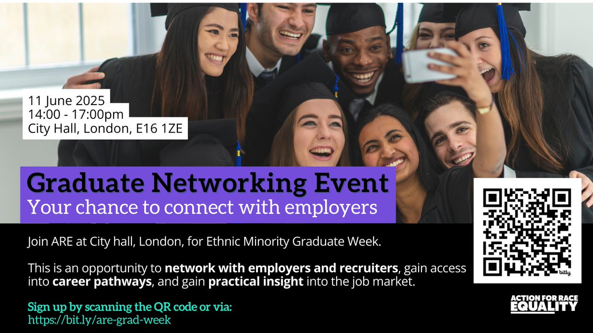Ready to take your next step as a graduate? 🎓

Join us at City Hall, London and meet #employers, get advice, and connect with other graduates at our FREE #networking event for Black, Asian &amp; mixed-heritage young people.

📅Wed 11 June, 2–5pm

Sign-up🎟️: tinyurl.com/4k7uv526