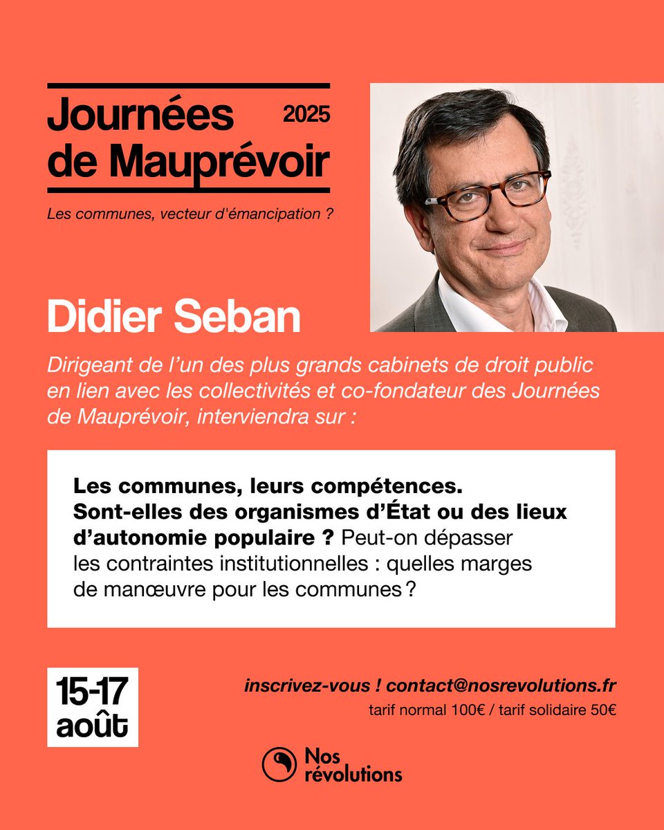 Les Journées de Mauprévoir 2025 approchent ! <a href="/DidierSeban/">Didier Seban</a> nous fait le plaisir de nous retrouver pour ce weekend de débats et de bon temps partagé, dont il a initié les premières éditions il y a 20 ans ☀️

S'inscrire : contact@nosrevolutions.fr
Infos : nosrevolutions.fr/journees-de-ma…