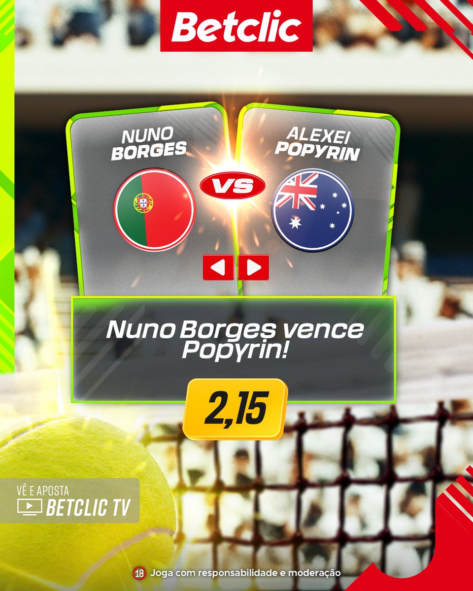 🎾🇵🇹 Nuno Borges vence Popyrin e continuamos a fazer história em Paris? Se acontecer, sorteamos 10€ em Freebets para 10 pessoas!

- Segue a <a href="/BetclicPortugal/">Betclic Portugal 🔞</a>
- Dá RT + Like
- Comenta #NunoBorgesBetclic + Username

1 comentário por utilizador.
Passatempo termina às 12:00.