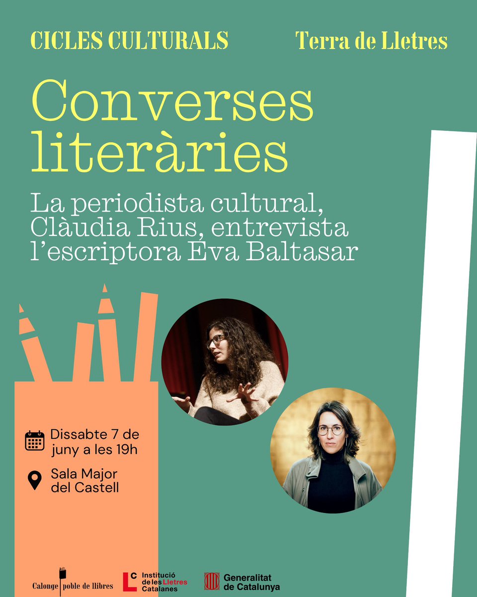 Calonge_PobleDeLlibres (@pobledellibres) on Twitter photo 📚Tornen les converses literàries a Calonge, Poble de Llibres!
🗣️En el marc del cicle: Terra de Lletres, la periodista cultural, <a href="/ClaudiaRiusL/">Clàudia Rius</a>, conversarà amb l’escriptora Eva Baltasar, sobre la seva celebrada trilogia formada per “Permagel”, “Boulder” i “Mamut”.
Us esperem! 📚Tornen les converses literàries a Calonge, Poble de Llibres!
🗣️En el marc del cicle: Terra de Lletres, la periodista cultural, <a href="/ClaudiaRiusL/">Clàudia Rius</a>, conversarà amb l’escriptora Eva Baltasar, sobre la seva celebrada trilogia formada per “Permagel”, “Boulder” i “Mamut”.
Us esperem!