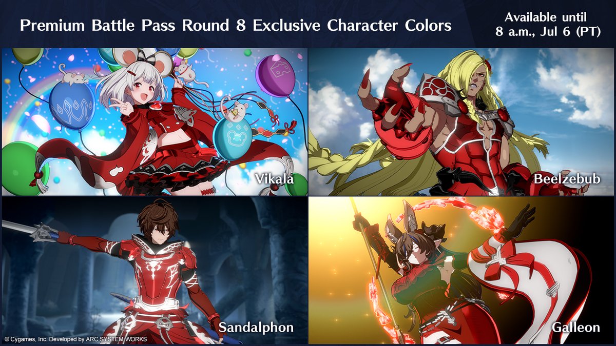Premium Battle Pass Round 8 includes more exclusive character colors based on the original GBVS icon! Flex on your foes while looking absolutely regal in red.

🔍 See Battle Pass rewards: rising.granbluefantasy.jp/en/dlc/battlep…

#GBVSR