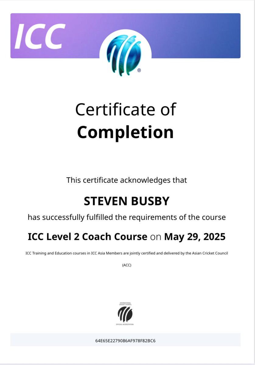 We are excited to announce that our Juniors Head Coach, Steve Busby, has officially qualified as an ICC Level 2 Coach

This is a great achievement by Steve, especially as he has done it whilst balancing a full time job, family and leading our Junior Cricket at the club!