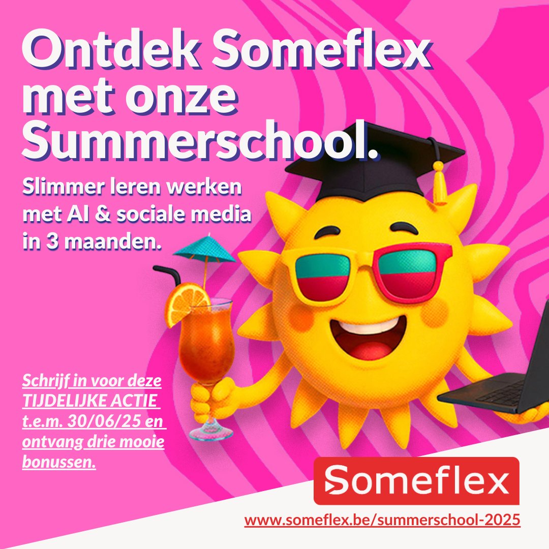 ⏳ Wil jij deze zomer écht mee zijn met AI &amp; contentcreatie?

De Online Summerschool van Someflex is terug!
✔️ 3 maanden
✔️ Flexibel leren
✔️ 3 bonussen (incl. coaching)

👉 Start op 1 juli – inschrijven kan tot 30 juni:
hubs.li/Q03nxvKN0