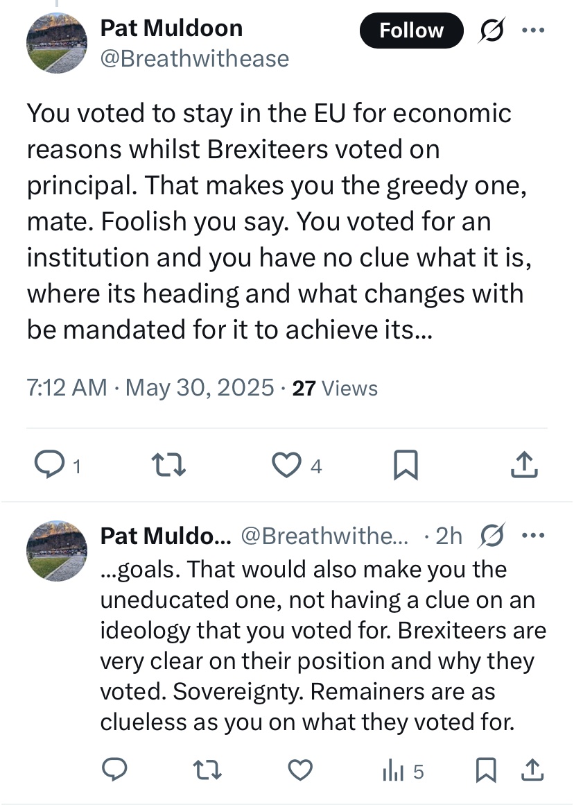 Undiluted gibberish.

This poster neatly illustrates why we should have called Brexiters “stupid, incontinent racists” loudly and proudly from the start.

There is no sensible debate to be had with this level of idiocy.