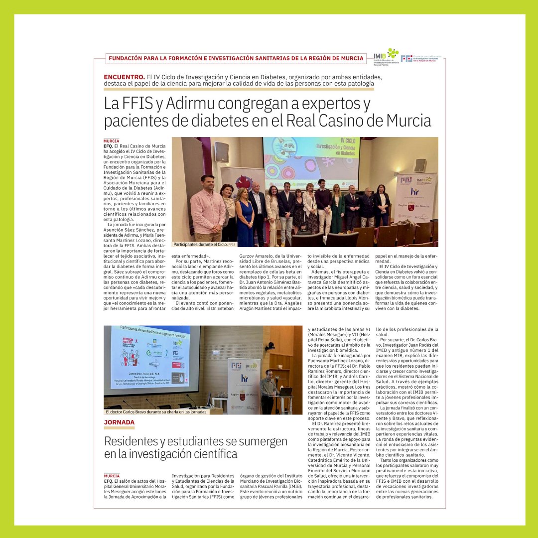 🆕📰 Especial FFIS/IMIB en La Verdad de Murcia.

👉 La FFIS y Adirmu congregan a expertos y pacientes de diabetes en el Real Casino de Murcia.
👉 Residentes y estudiantes se sumergen en la investigación científica.

#lainvestigaciónestáenti #investigaciónparalavida