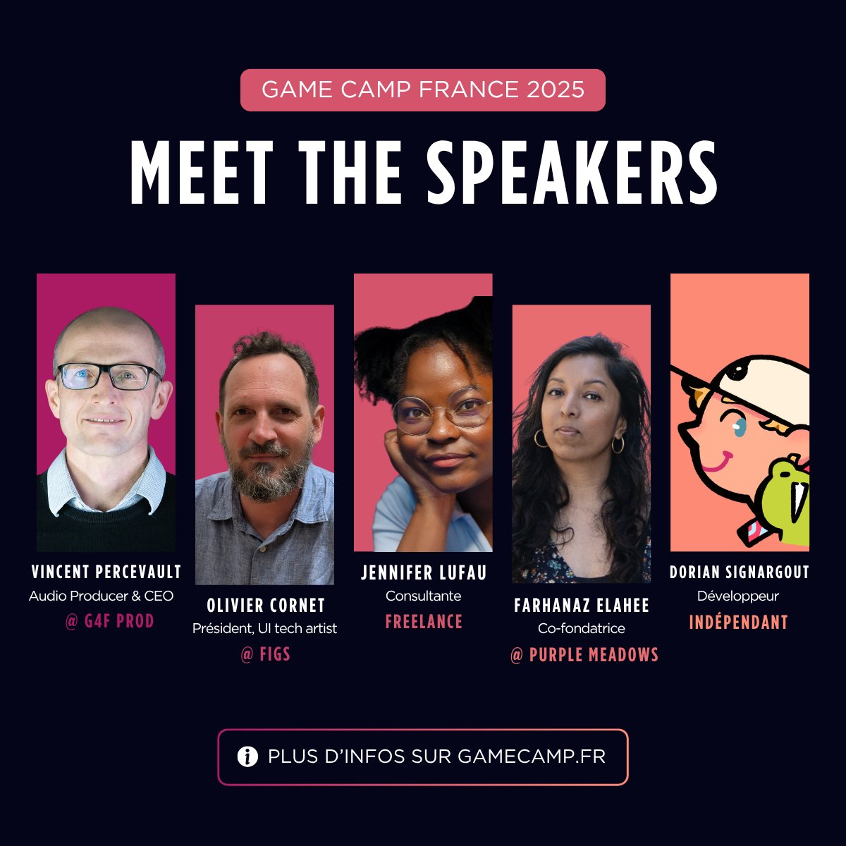 GameCampFrance's tweet image. ANNONCE SPEAKERS #8 🎙️
Voici de nouveaux speakers qui seront présent·e·s au #GameCamp :
• Vincent Percevault de @G4F_Prod :
“Meilleures pratiques pour le Mixage et le QA Audio de vos projets"
• Olivier Cornet de Figs :
“Figma vers Unreal : implémenter des Interfaces…
