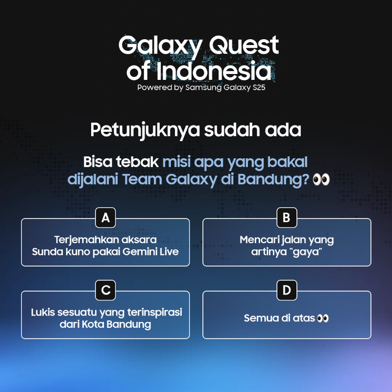 samsungID's tweet photo. Something BIG is coming to your screen! 👀

Tebak misi apa yang akan dijalani #TeamGalaxy di Bandung?

RT, like, dan reply sebanyak-banyaknya dengan hashtag #GuessS25Quest #ItsGalaxyS25 #GalaxyS25 Series!

Menangkan e-wallet Rp500K untuk 2 orang &amp; 50 tiket Finale Event!