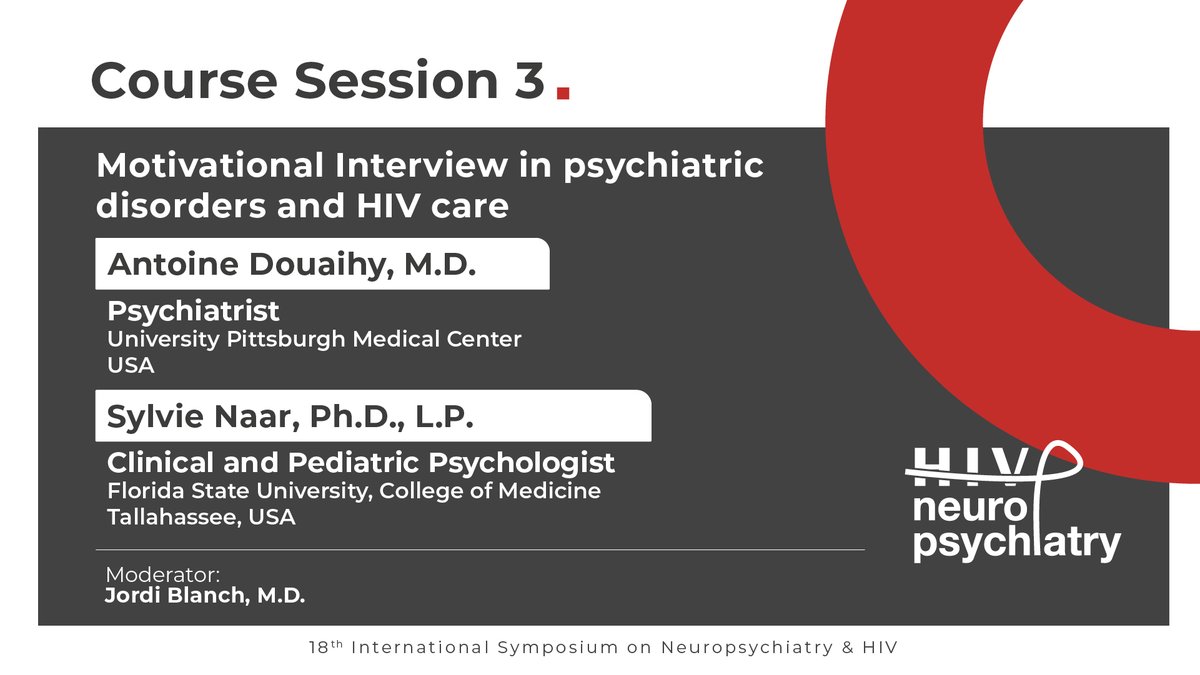 🧠 Session 3 on Motivational Interviewing with Antoine Douaihy &amp; Sylvie Naar is starting now! Moderated by Jordi Blanch.

<a href="/iasociety/">IAS - the International AIDS Society</a> <a href="/GrupoAF_VIH_SEF/">GrupoAF_VIH_SEFH</a> @FLSscience <a href="/EACSociety/">EACS</a> @aidsactioneurop <a href="/IAPAC/">IAPAC</a> <a href="/Esteban09090/">Esteban Martinez 🇺🇦</a> <a href="/DrJordiBlanch/">Dr. Jordi Blanch</a>

#NeuroHIV25 #HIVCare