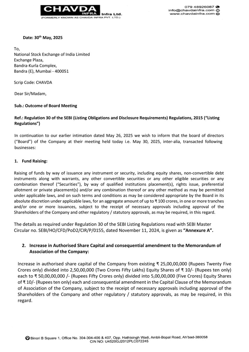 nileshkurhade's tweet photo. 📌 Chavda Infra Limited informed the exchange about its approval for the financial results for the period ended March 31, 2025. #SME #CHAVDA 📄🧾 https://t.co/MYMVIZqW88