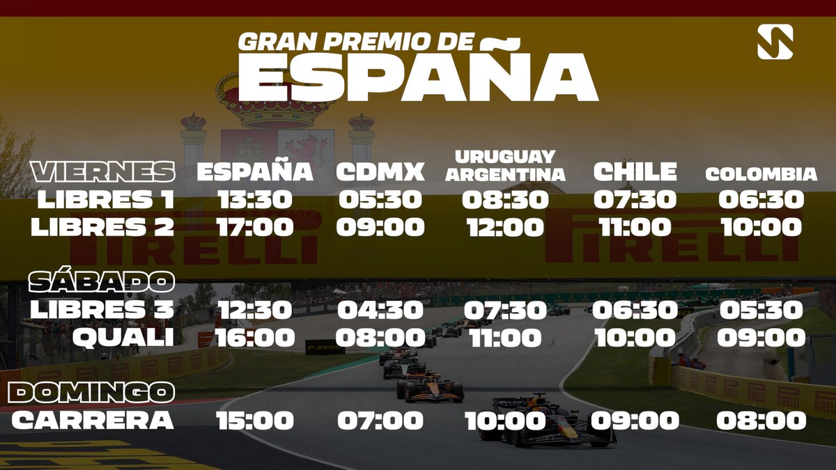 🏁 H O R A R I O S 🏁

¡Arranca el fin de semana de casa, Gran Premio de España 🇪🇸! Dentro de unas horas, los Fórmula 1 saldrán a pasear por el Circuit de Barcelona-Catalunya. Estos son los horarios (los mismos que las últimas semanas).

Comparte los horarios, salva una vida.